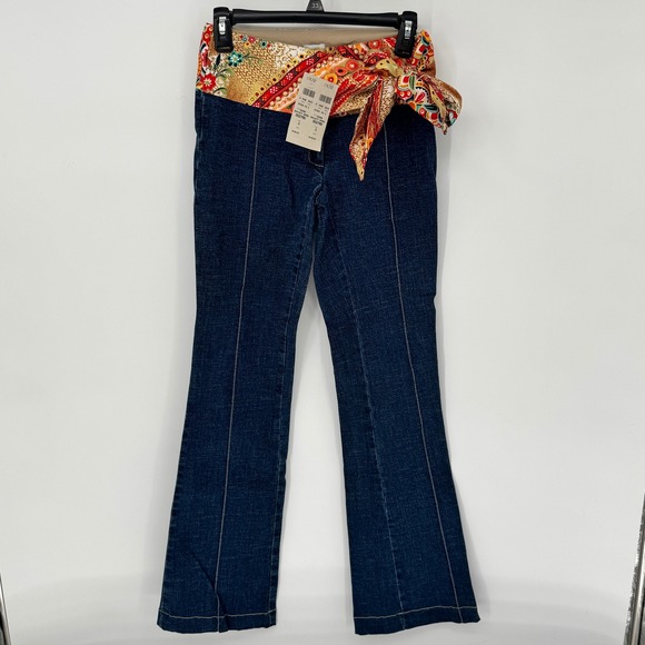 Vintage Cache Womens Denim Flare Pants Jeans Size 0 NWT With Silky Tie Belt - Picture 1 of 15